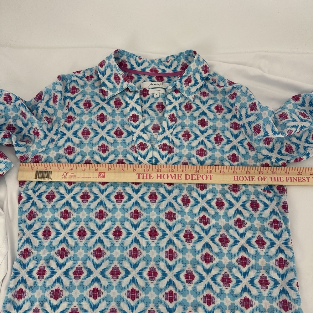 Foxcroft Sz 8 Blue Pink Ikat Blouse Wrinkle Free V Neck Tunic Top 3/4 Tulip Cuff - Picture 6 of 7